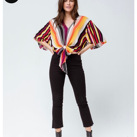 Tillys Polly & Esther Kimono Sleeve Crop Top Stripe Tie Front Top - Picture 1 of 12